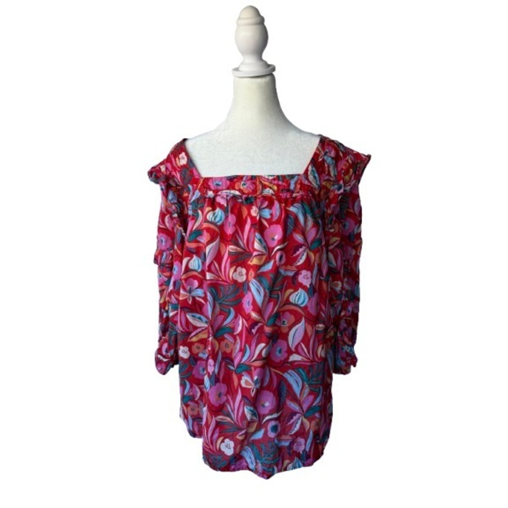The Pioneer Woman Blouse Red Pink Large‎ Floral Ruffle Boho Cottagecore Romantic
